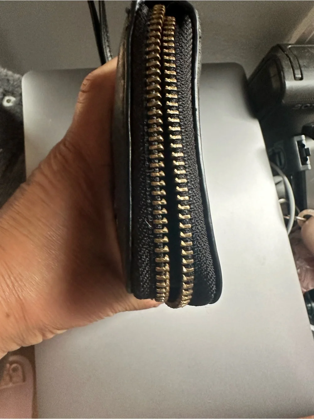 Marc Jacobs Black Leather Wristlet with Gold Zip Pull